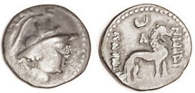 INDO-GREEK, Yueh-zhi, Sapadbizes, 1st cent BC, Hemidrachm, Helmeted hd r/lion stg r, lgnds, Lambda & crescent; F+, nrly centered, good metal with dark...