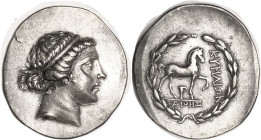 KYME, Tet, after 165 BC, Head of the Amazon Kyme r/ Horse r in wreath, magistrate Zeuthes; Choice AEF/VF, quite well struck on very large flan, good m...