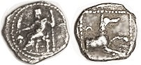 LARANDA, Obol, c. 324-323 BC, Baal std l/wolf forepart r, crescent above; F-VF, well centered & decently struck for this, lt tone. (A sl crude VF sold...