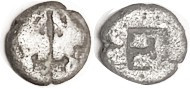 LESBOS, 1/12 Stater or Diobol, 1.05 gram, 9 mm, c.500-450 BC, 2 boar heads face-to-face/incuse square, F, nrly centered, ltly toned, clear features. N...