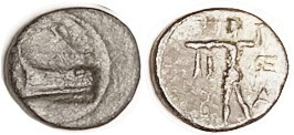 MACEDON, Demetrios Poliorketes, 298-295 BC, Æ13, Nike on prow l/ Poseidon stg l, monogram; VF, obv somewhat off-ctr & crude, dark patina. (Same variet...