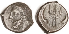 MESSANA, Æ19, c.324-318 BC, Poseidon hd l./trident betw dolphins, VF, medium brown, minimally off-ctr. Scarce. (A GVF realized $805, Stacks 1/10.)