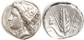 METAPONTUM, Stater, 330-300 BC, Demeter head l./ Grain ear, Artemis at left, HN 1590; Choice VF, centered, nicely struck, strong head detail, good bri...