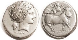 NEAPOLIS Didrachm, 340-241 BC, Nymph hd r, grapes behind, signature Diophan below/Nike above man-headed bull rt; Choice VF, nrly centered, well struck...