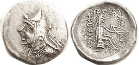 PARTHIA, Mithradates I, 185-170 BC, Drachm, Sellw. 10.1, bust in bashliq/ archer std r; choice AEF, centered, portrait & archer both unusually well st...