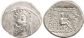 PARTHIA, Gotarzes I, Drachm, Sellw.33.3, Bust in high tiara with stags/ Archer std; Mint State, obv typically centered low, rev centered, bright lustr...