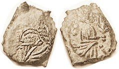 PARTHIA, Vologases VI, 208-28 AD, Æ11x13, Sell. 88.26 var, Tyche stg r w/palm; EF, sl ragged rectangular flan, strike wkness at top each side, much de...