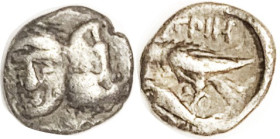 ISTROS, Hemiobol, c.400-350 BC, 2 facg heads, right inverted/eagle on dolphin, 7 mm, .44 gr; AVF, centered, good metal, faces clear, good for this & s...