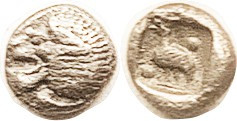 MYLASA, Trihemitartemorion, c.420-390 BC, 6 mm, .26 g, Lion forepart, head l./bird stg l, 2 pellets, in incuse; VF, well centered, only faintly grainy...