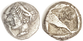 PHOKAIA, Diobol, 521-478 BC, Archaic nymph head l./square, diagonally divided; 1.27 g; VF-EF, centered, good metal for this, nicely detailed head; qui...