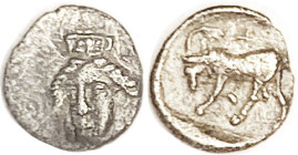 PHYGELA, Hemiobol, c. 400-350 BC, Hd of Artemis Munychia wearing polos facg sl left/bull l., 8 mm, .35 gr, SNG Kayh.542; VF, obv off-ctr to SE, head c...