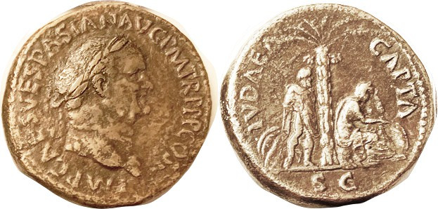 Vespasian, Sest, IVDAEA CAPTA, Palm tree betw soldier stg & weeping Jewess std r...