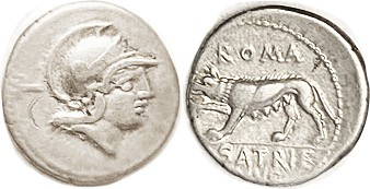 P. Satrienus, 77 BC, Den., Mars head r/Wolf l., Cr. 388/1b, Sy.78a; Strong VF, r...