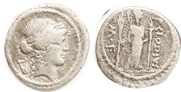 P. Clodius, Den, 42 BC, Cr. 494/23, Sy.1117; Apollo hd r, lyre/Diana hldg torche...