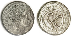 TIBERIUS, Antioch, Æ20, Bust r, lgnd ends XXXIII/SC in wreath; VF+, dark green patina, sl off-ctr, sl touches of roughness, portrait has EF hair detai...