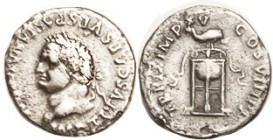 TITUS, Den, Bust left/TRP IX IMP XV COS VIII PP, dolphin atop tripod; VF, obv sl off-ctr, sl faults at edge mainly on rev, ltly toned; good strong por...