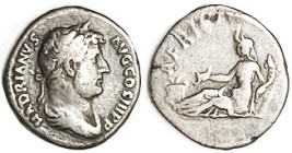 HADRIAN, Den, AFRICA recl l, F+, centered, full lgnds (fuzzily struck on rev), good metal with lt tone. (A Near F realized $105 + buyer fee, Agora 1/1...