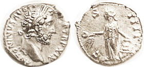 ANTONINUS PIUS, Den, COS IIII, Annona stg l; EF, nrly as struck, centered, some lgnd crudeness, good bright silver, portrait very sharp & in nice styl...