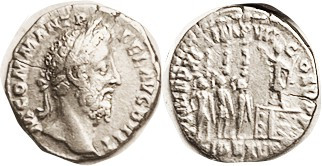 COMMODUS, Den, PM TRP XI IMP VII COS V PP, in ex FID EXER, Ruler on platform bef...