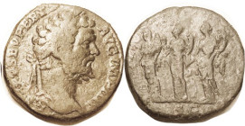 SEPTIMIUS SEVERUS, Sest, MONET AVG COS II PP, 3 Monetae stg; F/VG, centered on a narrow flan, nrly complete tho crowded obv lgnd, none on rev; dark gr...