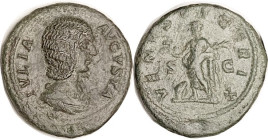 JULIA DOMNA, As, VENVS VICTRIX, Venus stg l; ex Roma as GVF, I grade F-VF, large flan with rev sl off-ctr, deep green patina, lt surface imperfections...