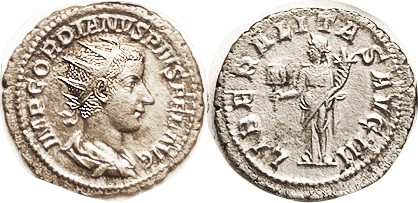 GORDIAN III, Ant., LIBERALITAS AVG III, Liberalitas stg l; EF/VF, centered on la...