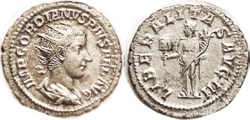 GORDIAN III, Ant., LIBERALITAS AVG III, Liberalitas stg l; EF/VF, centered on large flan, faintly grainy but lusterlike, with some pretty toning. Port...