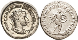 GORDIAN III, Ant, MARTEM PROPVGNATOREM, Mars adv r; VF, well centered, rev lgnd somewhat crude, good bright silver. Scarcer type. (A GVF brought $163,...