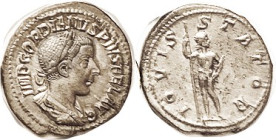 GORDIAN III, Den, IOVIS STATOR, Jupiter stg; VF-EF/VF, centered, good metal with rich old collection tone. (A VF realized $109, Savoca 5/21.)