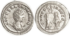 SALONINA, Ant, CONCORDIA AVGG, Ruler & wife stg, wreath above; EF/VF, centered on large flan, faintly grainy but lustery silver surfaces, lt tone. Sca...