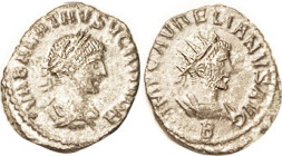 VABALATHUS, Ant, Bust r/Aurelian bust r, B; VF, sl crudeness, sl patchy tone on underlying silvering, portraits have much detail. (A VF realized $201 ...