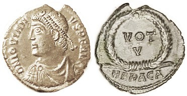 JOVIAN, Æ3, Bust left/VOT V in wreath, HERACA; AEF, centered on sl ragged flan, ...