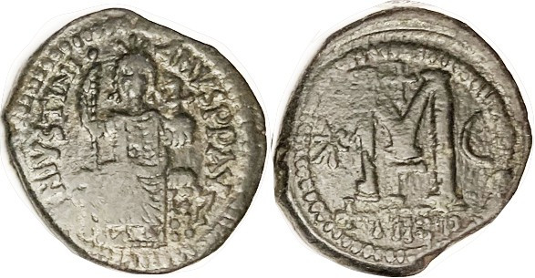 JUSTINIAN I, Follis, S-214, Justinian enthroned /Large M, THEUP- Gamma; F-VF, gl...