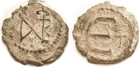 JUSTIN II, 5N, S-386, Theoupolis, Monogram/Large E, cross rt; VF, obv sl off-ctr...