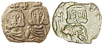 CONSTANTINE V, Fol, S1569, 2 busts/Leo III facg; Choice VF, centered on usual sm...