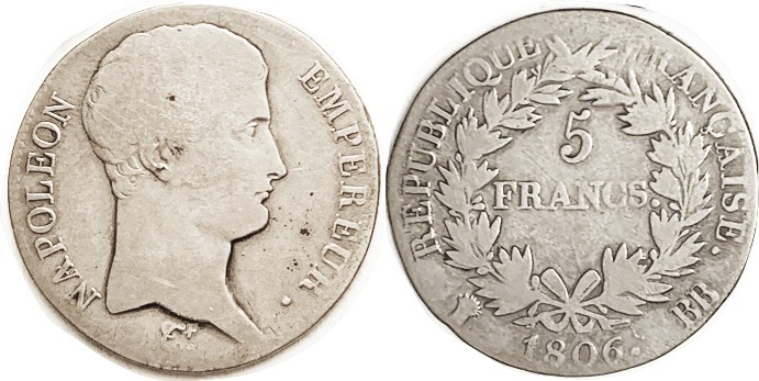 FRANCE, 5 Francs, 1806-BB, "Napoleon Empereur" bust r/lgnd & wreath; Decent VG/G...