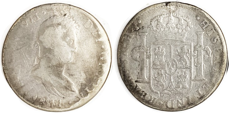 MEXICO, 8 Reales, 1811-HI, AG+/VG, harshly clnd & partly toned, top mount remove...