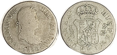 SPAIN, 2 Reales, 1820 Md-GJ, G-VG minor wkness at edges, good metal, lt tone.