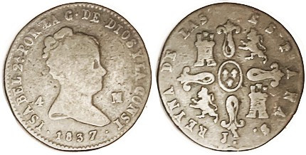 SPAIN, 4 Marav, 1837-Ja, nice strong VG.