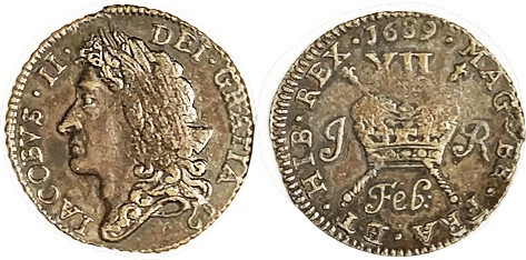 Gun Money Shil 1689 Feb, F+ for detail tho nearly as struck with wkness in cente...