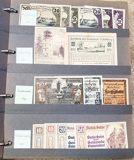 AUSTRIAN NOTGELD (1920s) collection, in looseleaf binder, very neatly organized ...