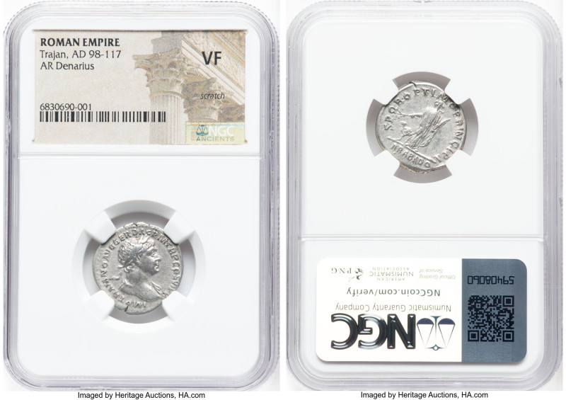 Trajan (AD 98-117). AR denarius (19mm, 7h). NGC VF, scratch. Rome, AD 112-117. I...