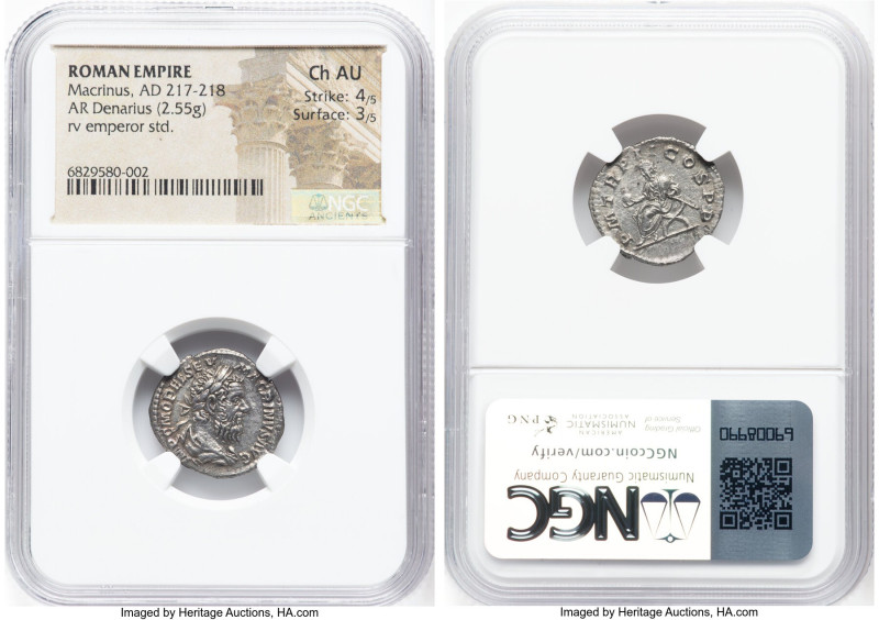 Macrinus (AD 217-218). AR denarius (18mm, 2.55 gm, 5h). NGC Choice AU 4/5 - 3/5....