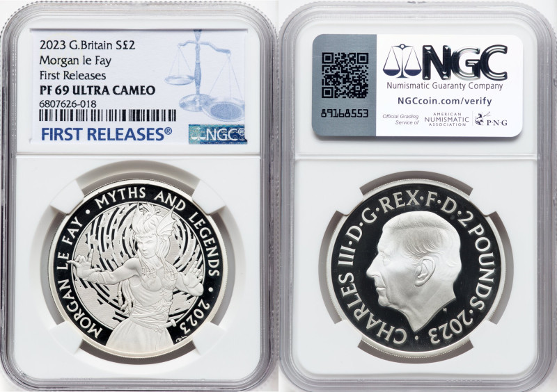 Charles III silver Proof "Morgan le Fay" 2 Pounds (1 oz) 2023 PR69 Ultra Cameo N...