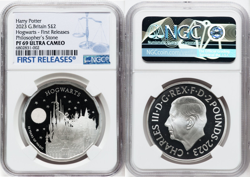 Charles III silver Proof "Hogwarts" 2 Pounds (1 oz) 2023 PR69 Ultra Cameo NGC, M...