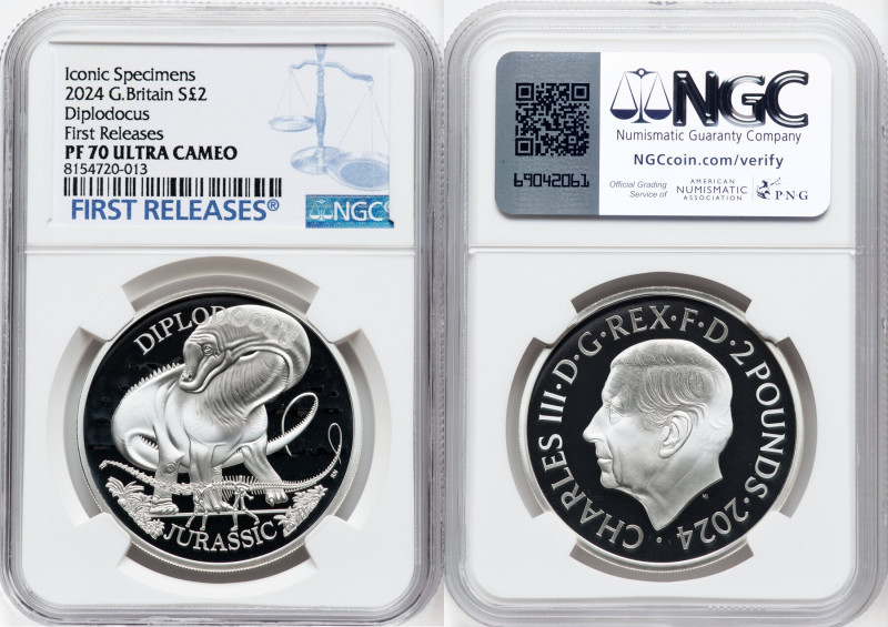 Charles III silver Proof "Diplodocus" 2 Pounds (1 oz) 2024 PR70 Ultra Cameo NGC,...