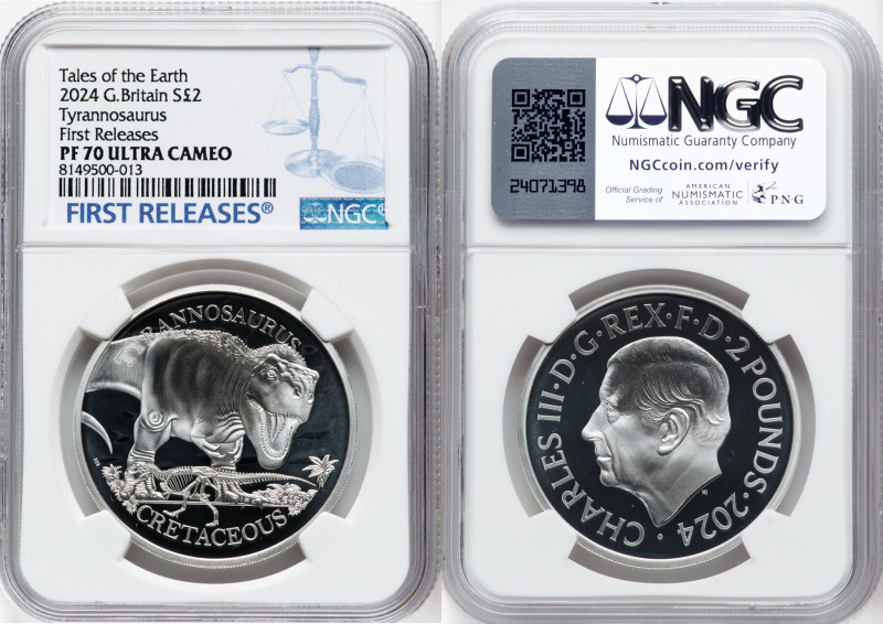 Charles III silver Proof "Tyrannosaurus" 2 Pounds (1 oz) 2024 PR70 Ultra Cameo N...