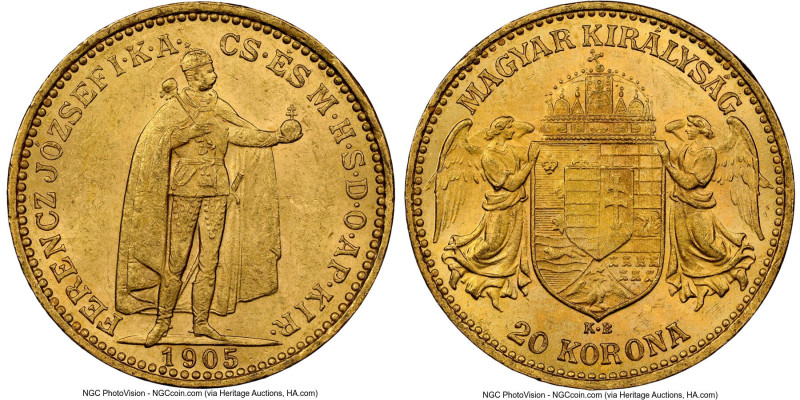 Franz Joseph I gold 20 Korona 1905-KB MS62 NGC, Kremnitz mint, KM486, Fr-250. HI...