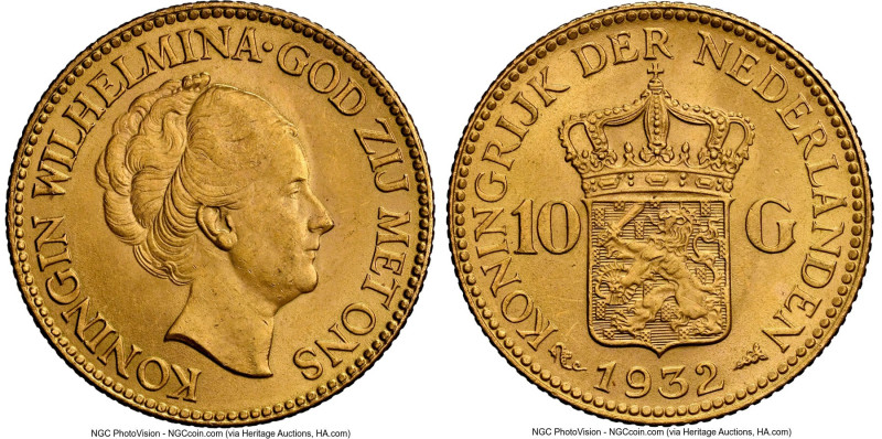 Wilhelmina gold 10 Gulden 1932 MS64 NGC, Utrecht mint, KM162, Fr-351. HID0980124...