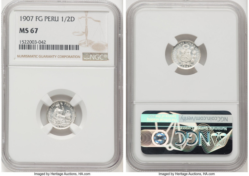 Republic 1/2 Dinero 1907-FG MS67 NGC, Lima mint, KM206.2. Superior untoned gem w...